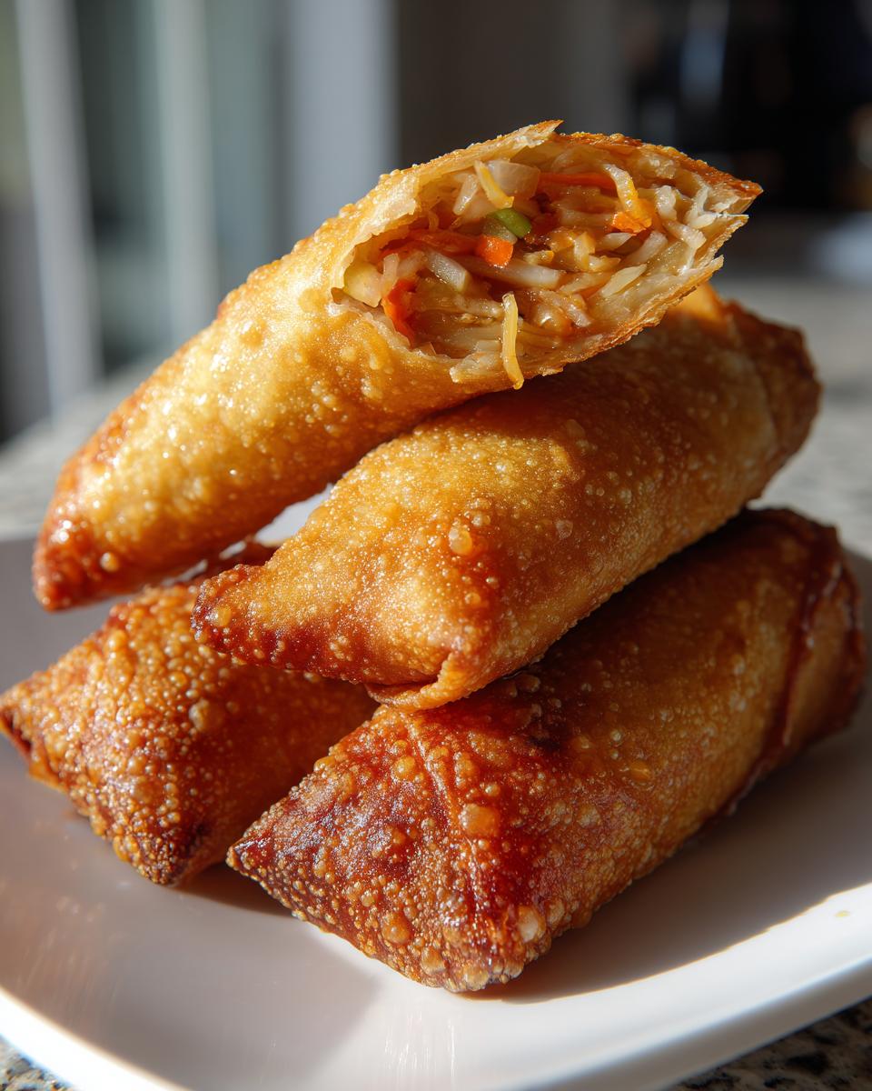 A stack of four crispy, golden-brown fried egg rolls, with the top one cut open to show the vegetable filling.