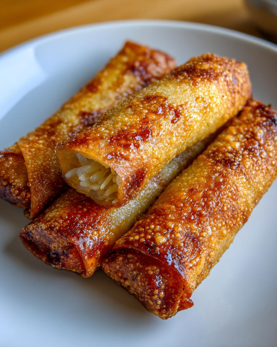 Four golden-brown, crispy fried egg roll appetizers stacked on a white plate, showing the shredded filling inside one.