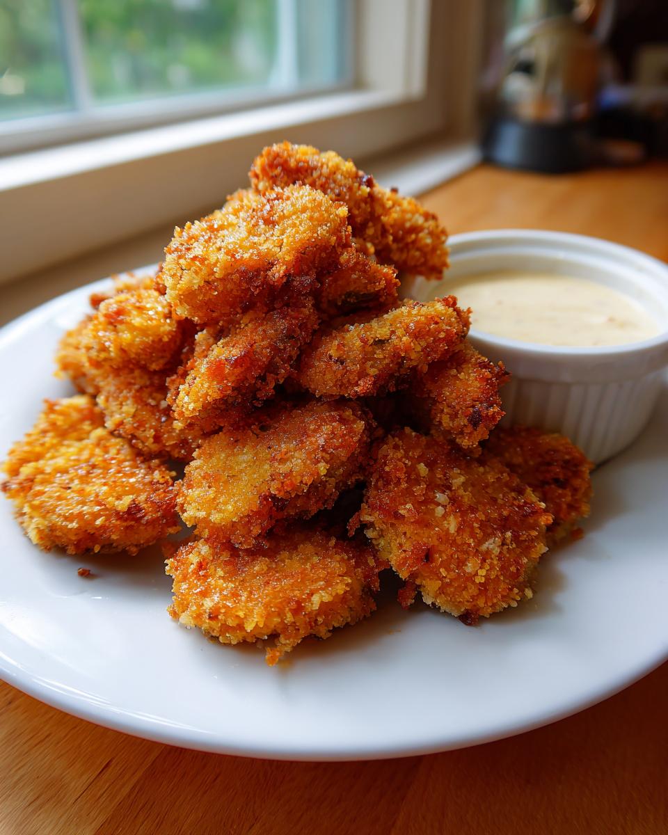 A close-up shot of a large pile of golden brown, crispy Fried Pickles served on a white plate next to a small bowl of dipping sauce.
