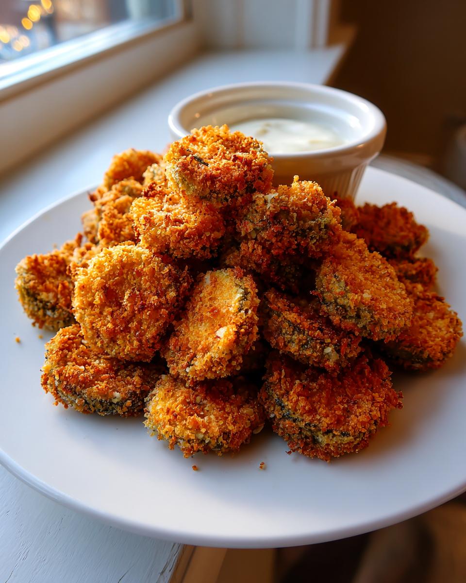 A tall pile of golden brown, crispy Fried Pickles served on a white plate next to a small bowl of dipping sauce.