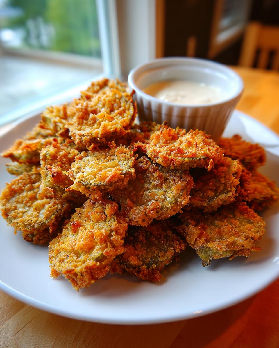 A pile of golden brown, crispy Fried Pickles served on a white plate next to a small ramekin of dipping sauce.