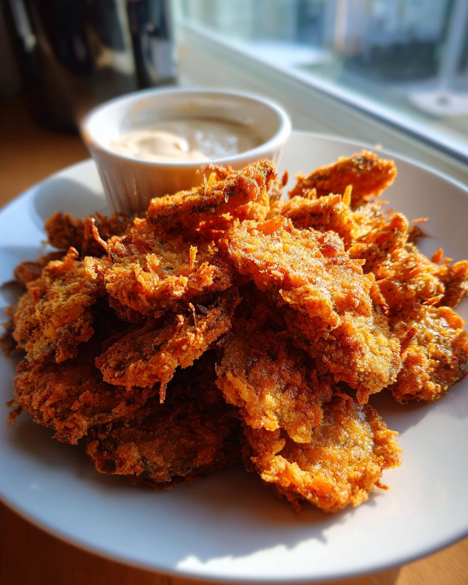 A pile of golden brown, crispy fried pickles served on a white plate next to a small ramekin of creamy dipping sauce.