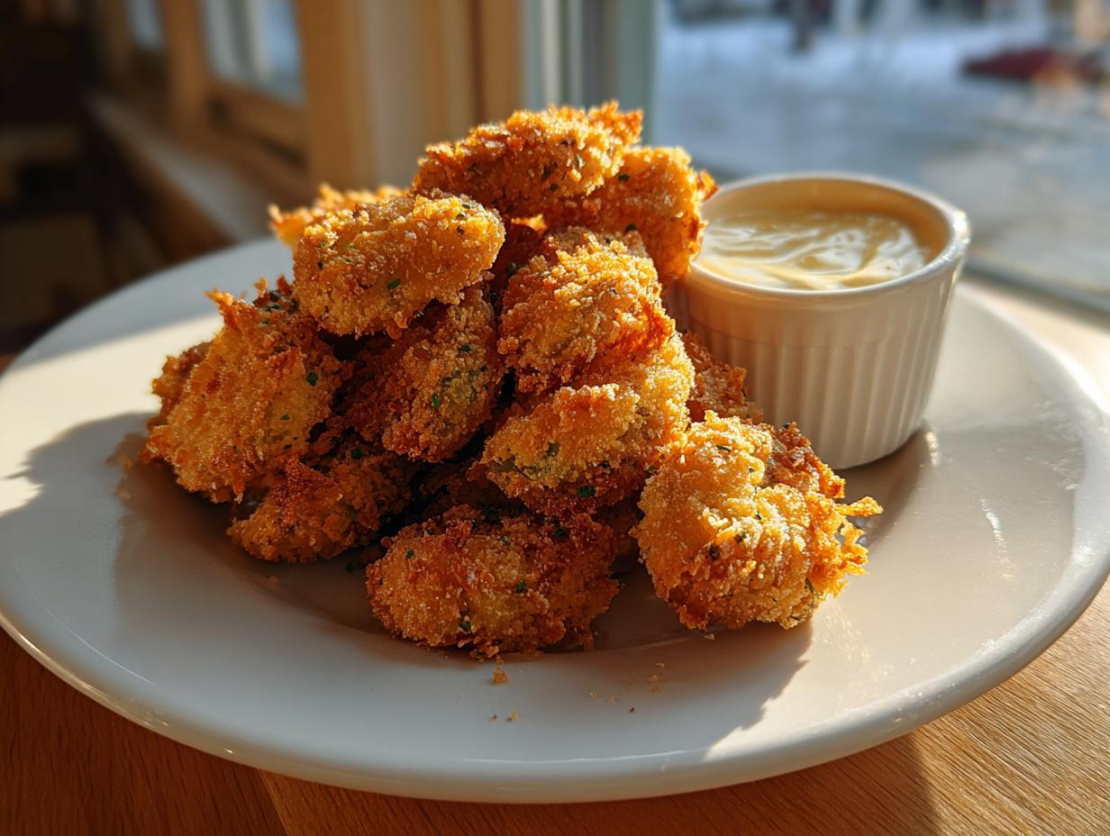 A pile of golden brown, crispy Fried Pickles served on a white plate next to a small ramekin of creamy dipping sauce.