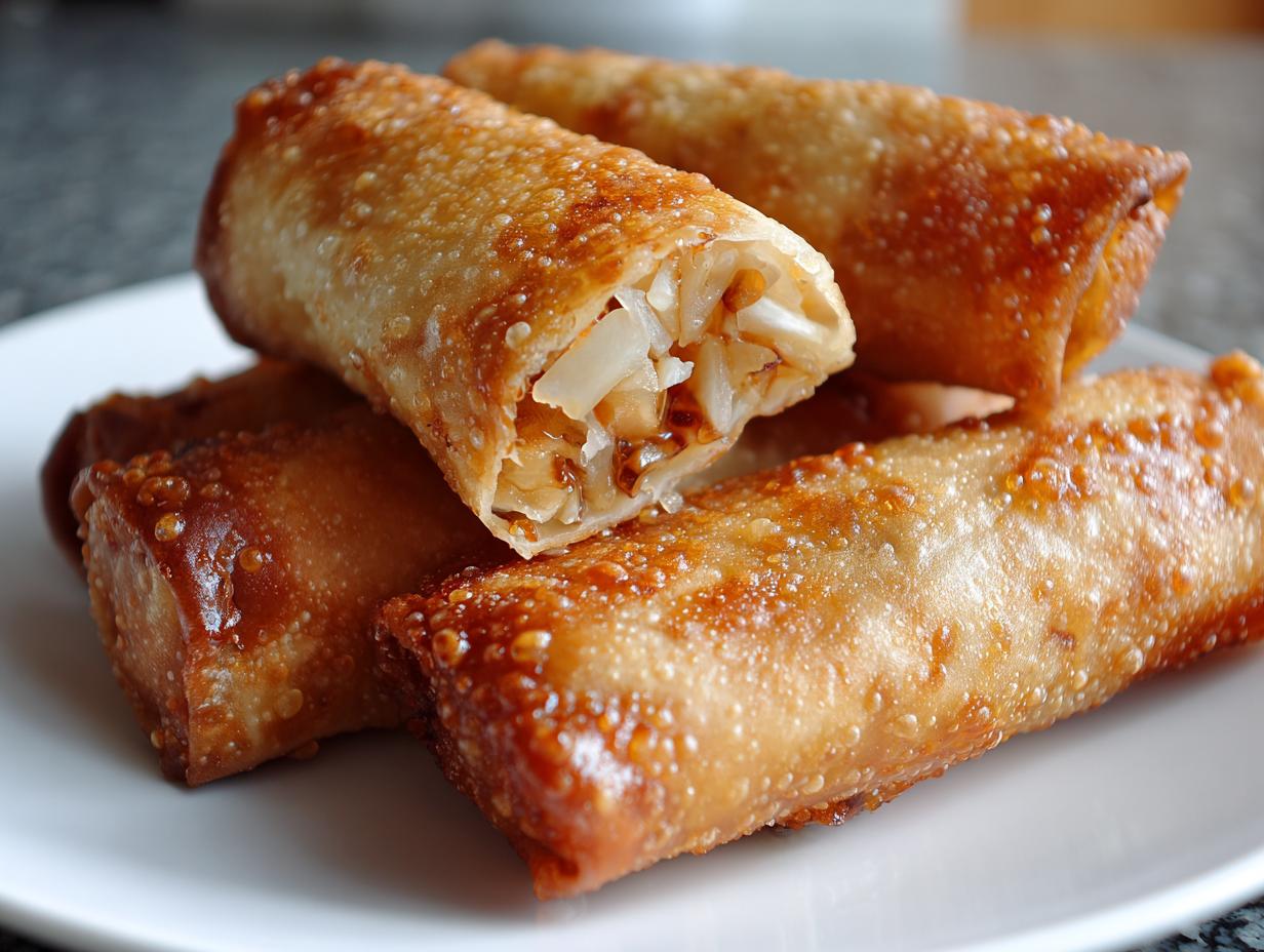 Close-up of several golden brown, crispy egg roll appetizers stacked on a white plate, one is cut open showing filling.