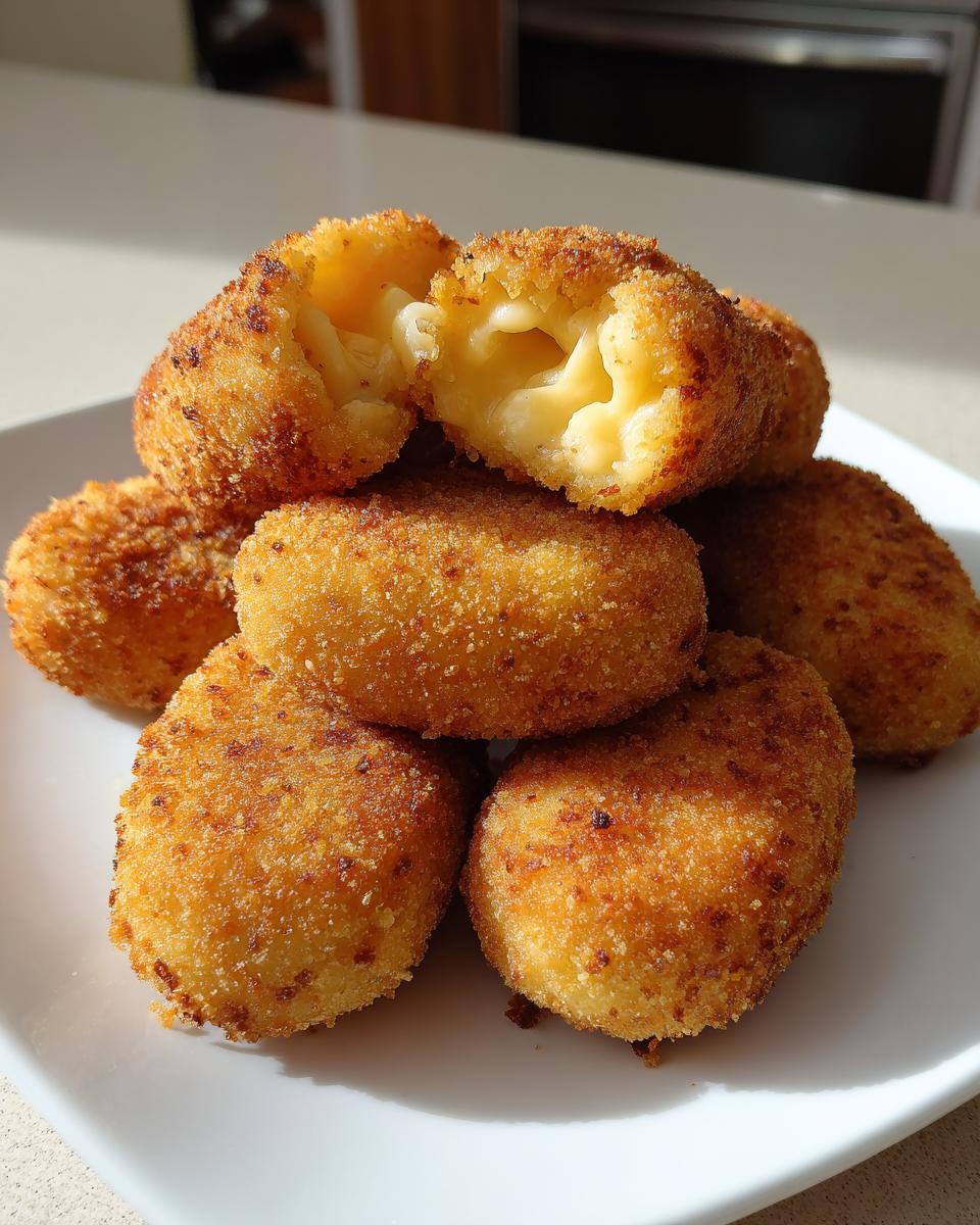 A pile of golden brown, crispy potato croquettes, one broken open to show a gooey, melted cheese center.