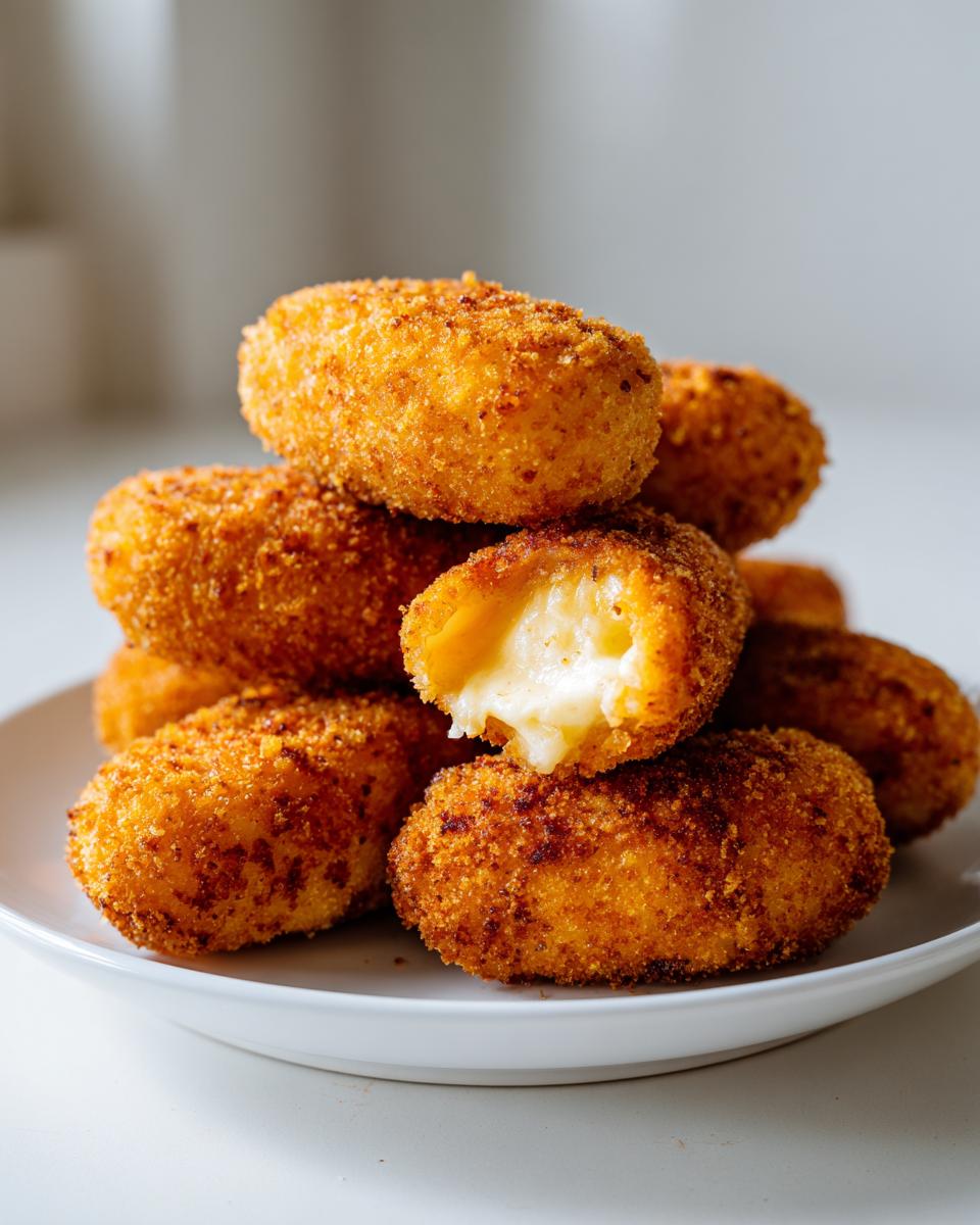 A stack of golden brown, crispy potato croquettes, one cut open showing a melted cheese filling.