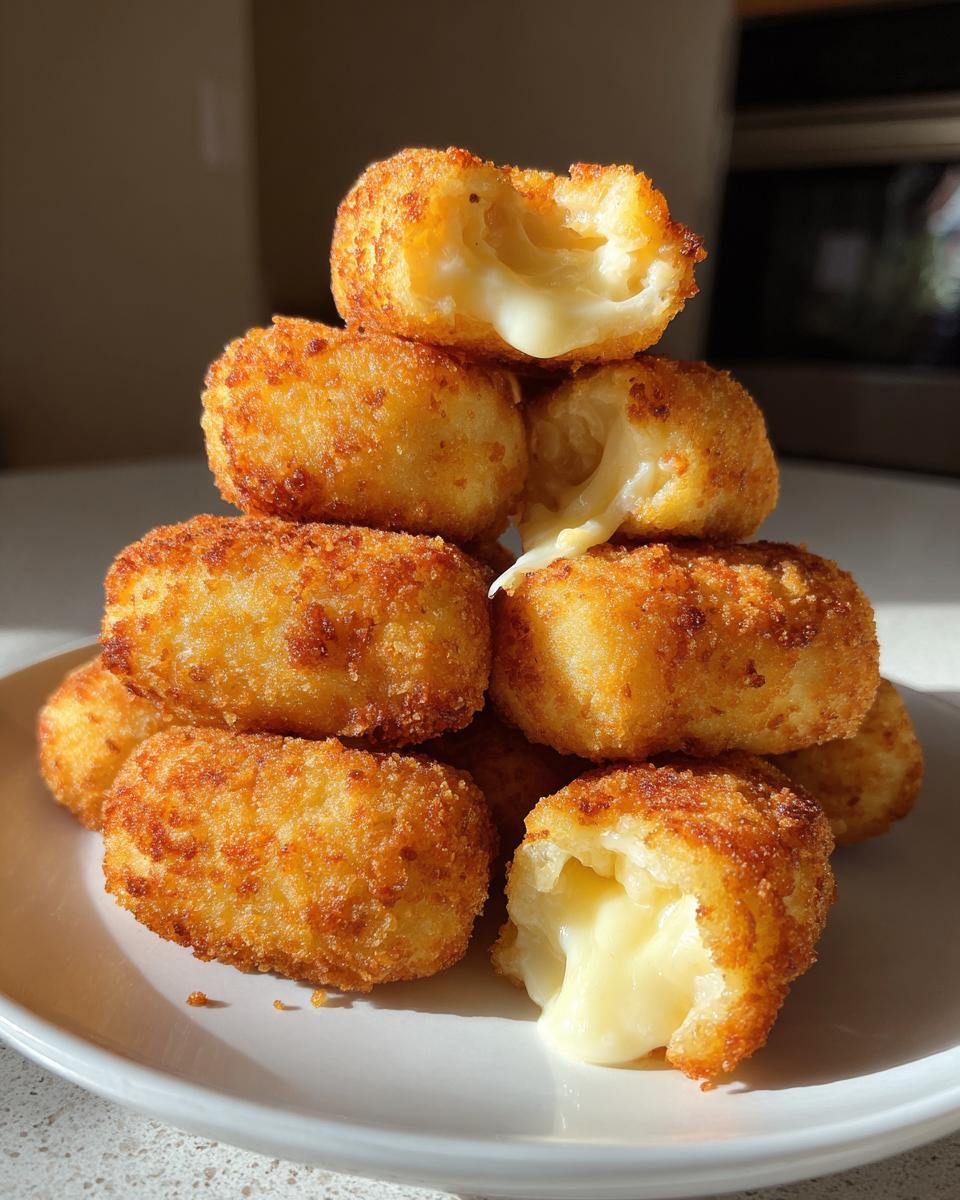 A stack of golden brown, crispy potato croquettes with a molten, cheesy interior spilling out.