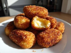 A pile of golden brown, crispy potato croquettes stacked on a white plate, one is broken open showing a creamy interior.