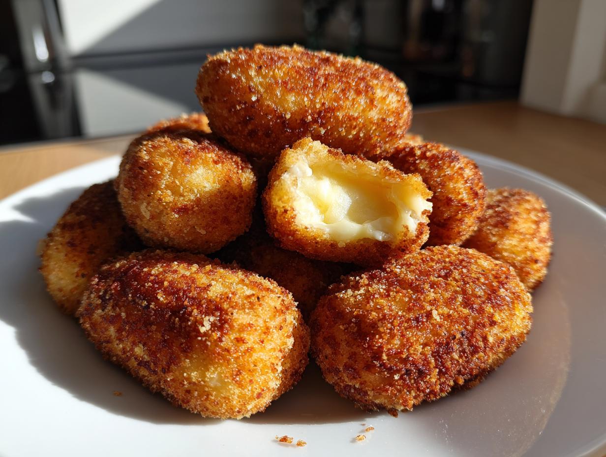 A pile of golden brown, crispy potato croquettes stacked on a white plate, one is broken open showing a creamy interior.