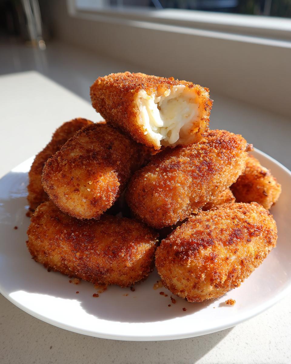 A stack of golden brown, crispy potato croquettes, with one broken open showing the creamy interior.