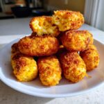 A stack of golden brown, crispy potato croquettes with one broken open showing the soft interior.
