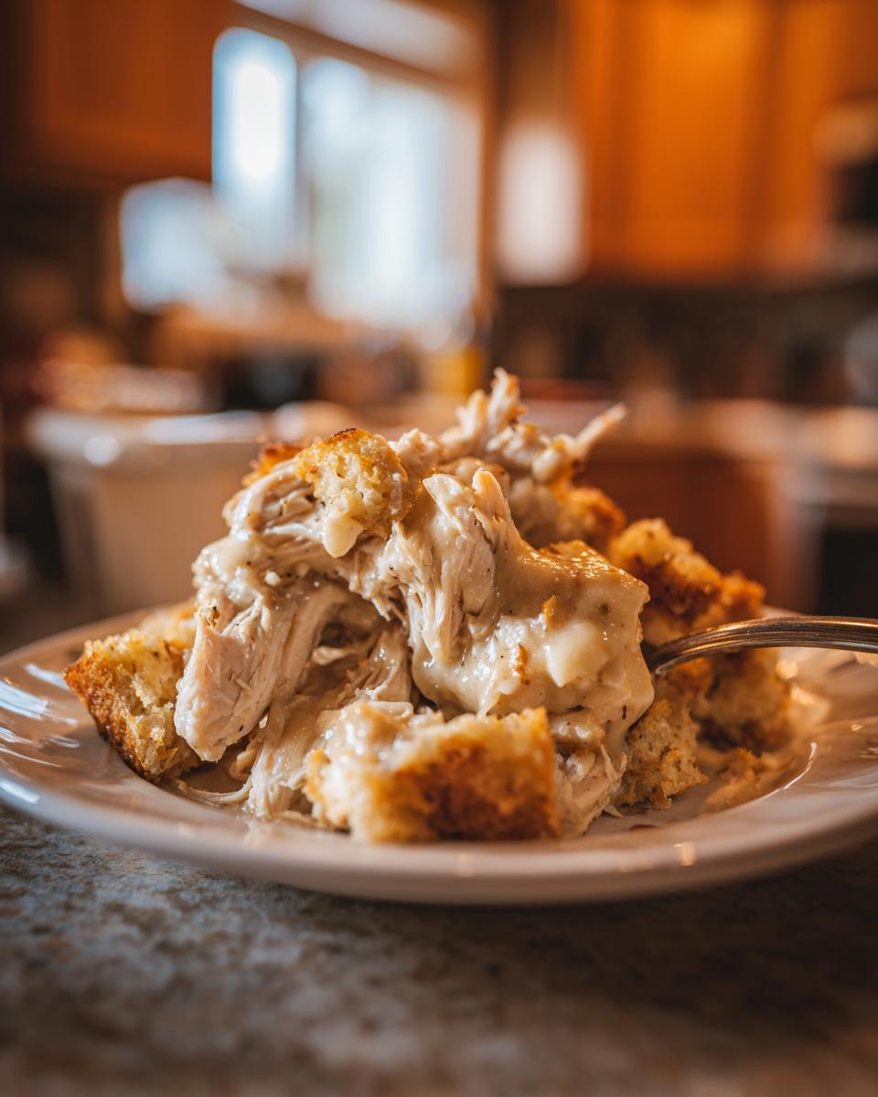 Close-up of shredded chicken and stuffing mixed with gravy, ready to eat from a white plate, featuring crock pot chicken and stuffing.