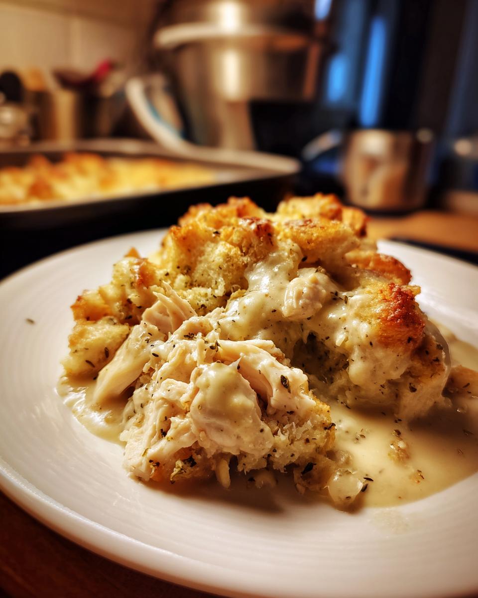 A close-up of a serving of crock pot chicken and stuffing topped with creamy gravy on a white plate.