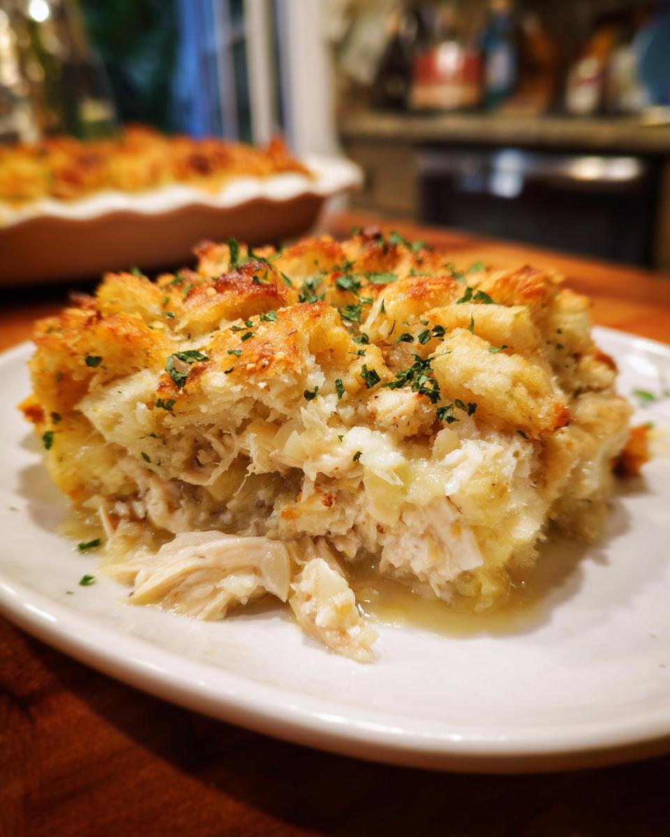 A close-up serving of moist crock pot chicken and stuffing topped with golden, crispy bread cubes and parsley.