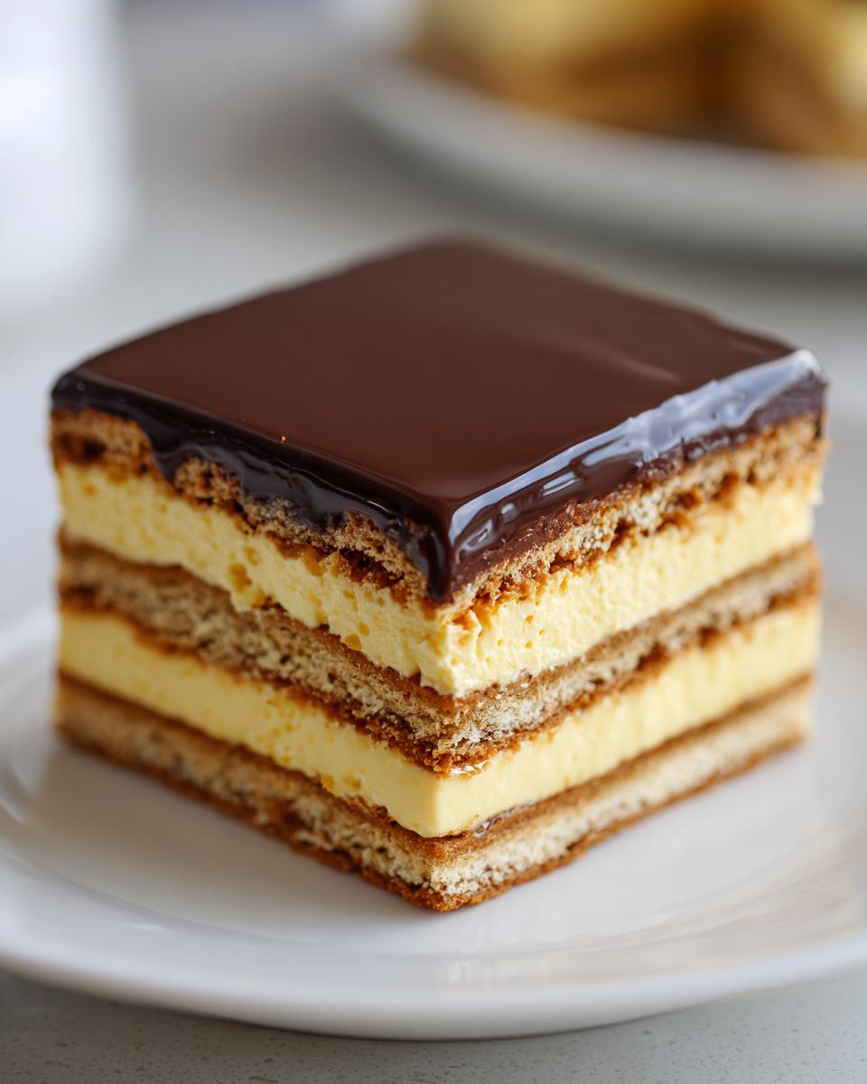 A square slice of eclair cake featuring layers of pastry, vanilla cream filling, and topped with shiny chocolate ganache.