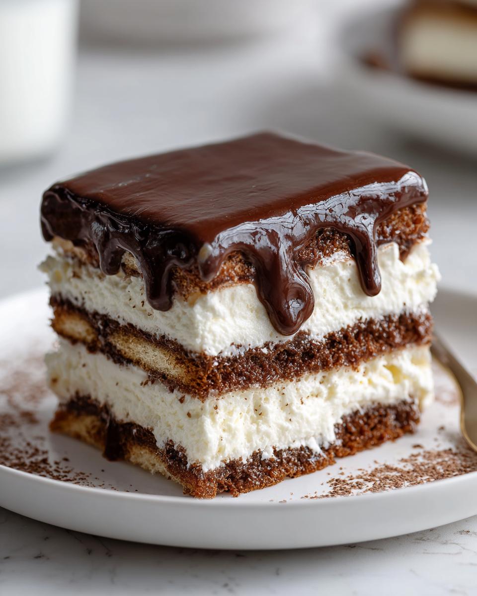 A square slice of eclair cake featuring layers of chocolate cake, white cream filling, and a rich chocolate glaze dripping down the sides.