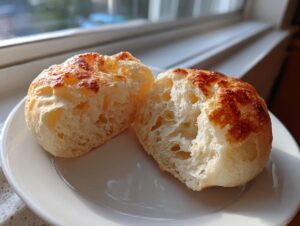 Close-up of a cheesy english muffin cut in half showing the airy, open crumb structure.