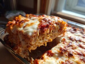 A thick slice of baked pizza casserole, featuring pasta, tomato sauce, and melted, browned mozzarella cheese, being lifted from the dish.