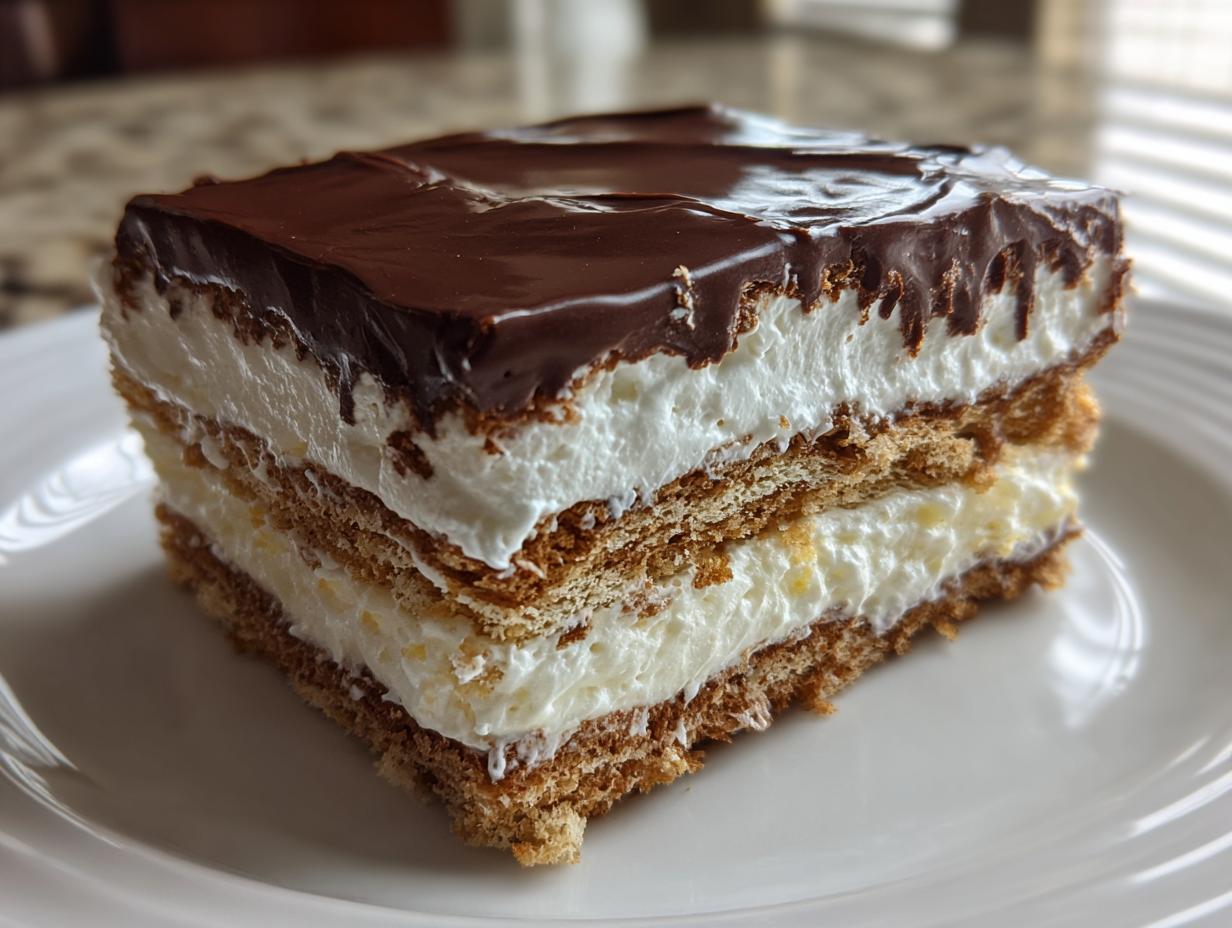 A decadent square slice of eclair cake featuring layers of graham crackers, cream filling, and a thick chocolate topping.