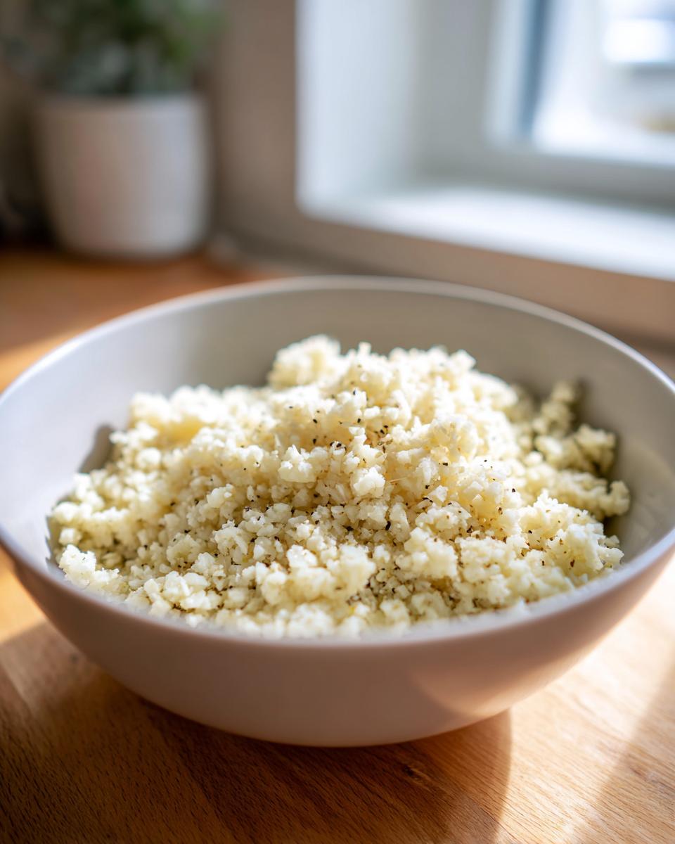 A white bowl filled with fluffy cauliflower rice seasoned with black pepper, sitting on a wooden counter near a window.