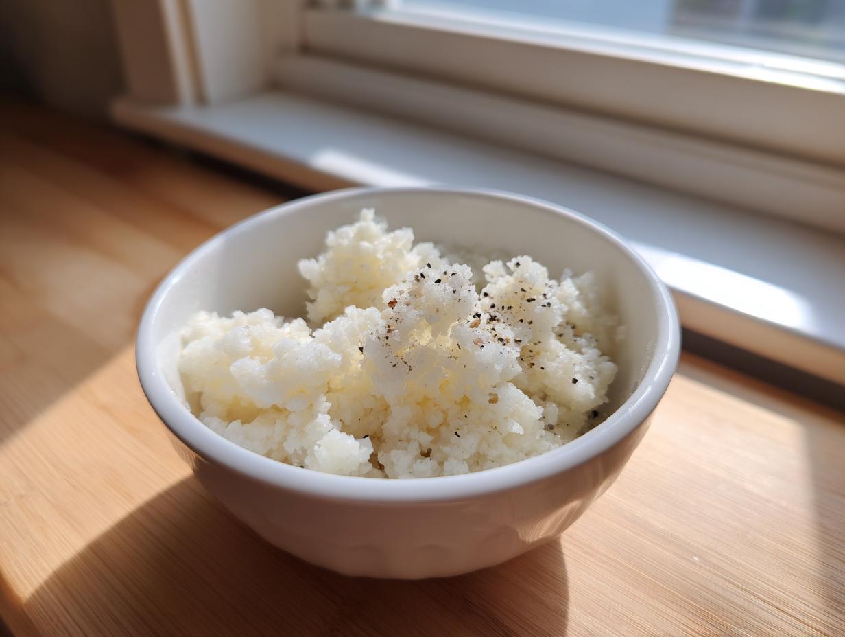 A close-up of fluffy cauliflower rice seasoned with black pepper, served in a white bowl on a wooden surface.