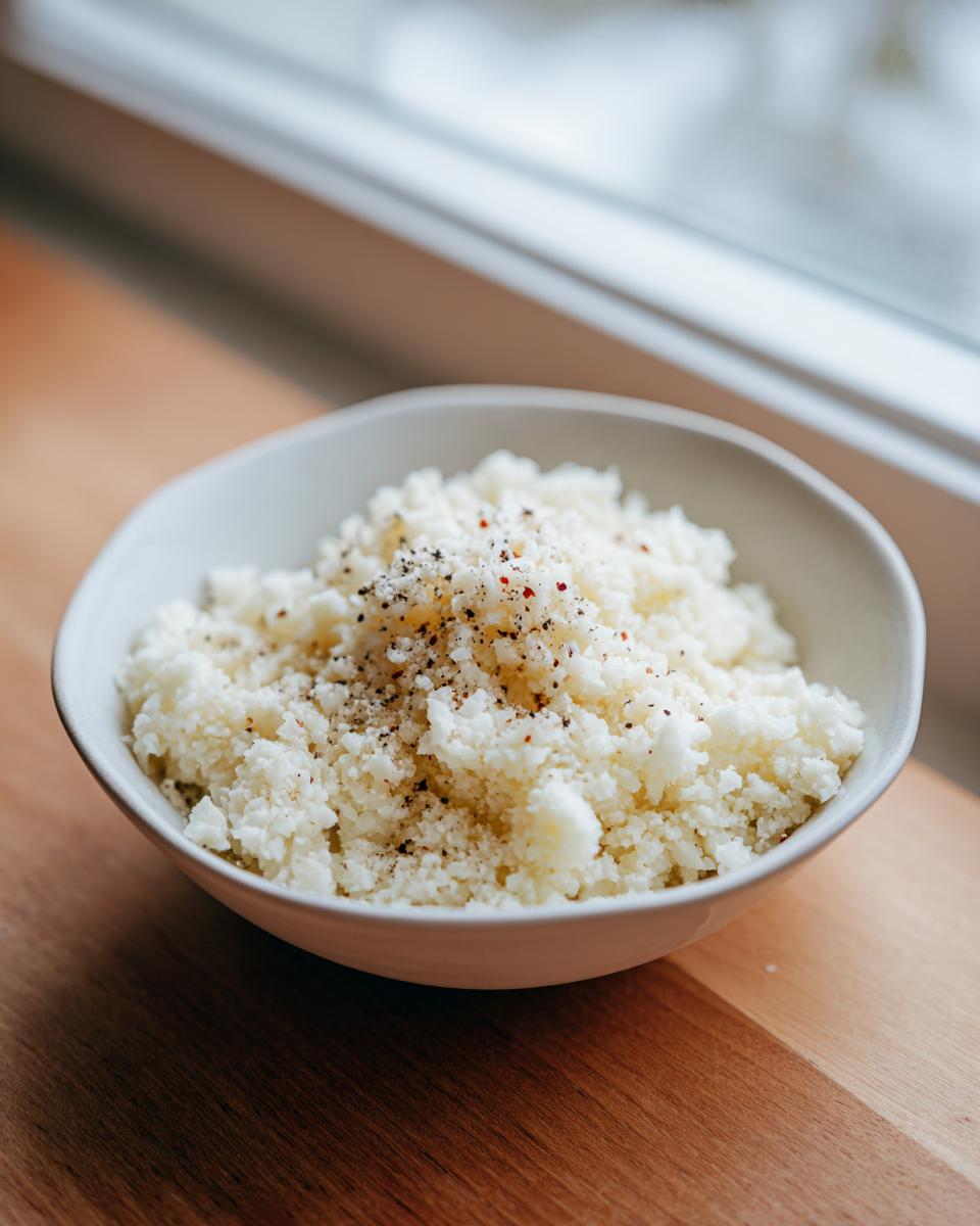 A white bowl filled with fluffy cauliflower rice, seasoned with black pepper and chili flakes, sitting on a wooden surface.