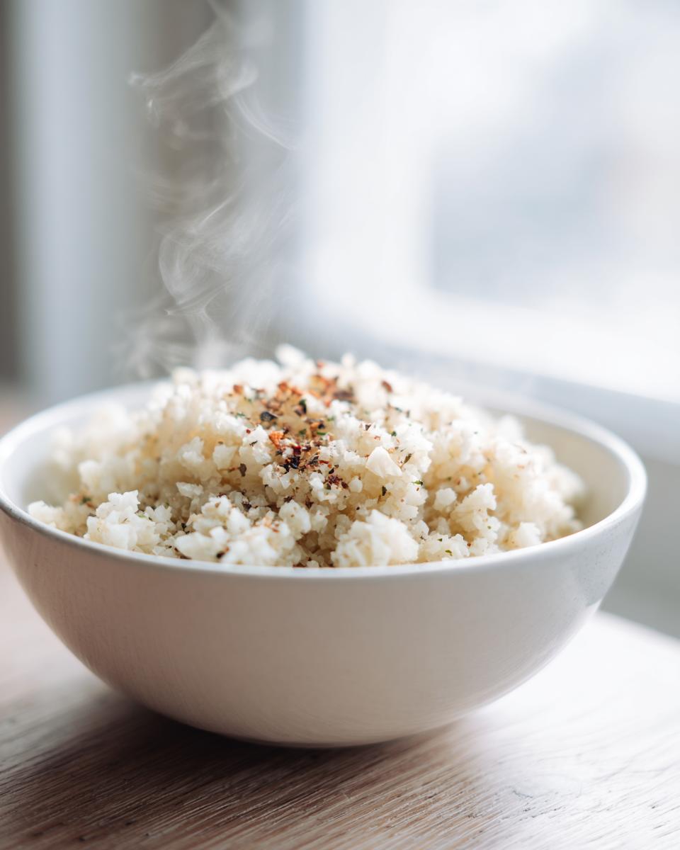A white bowl filled with steaming, fluffy cauliflower rice topped with visible herbs and spices.