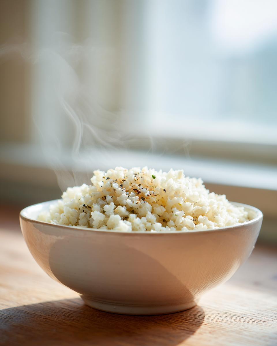 A close-up of a steaming bowl of fluffy cauliflower rice seasoned with black pepper.