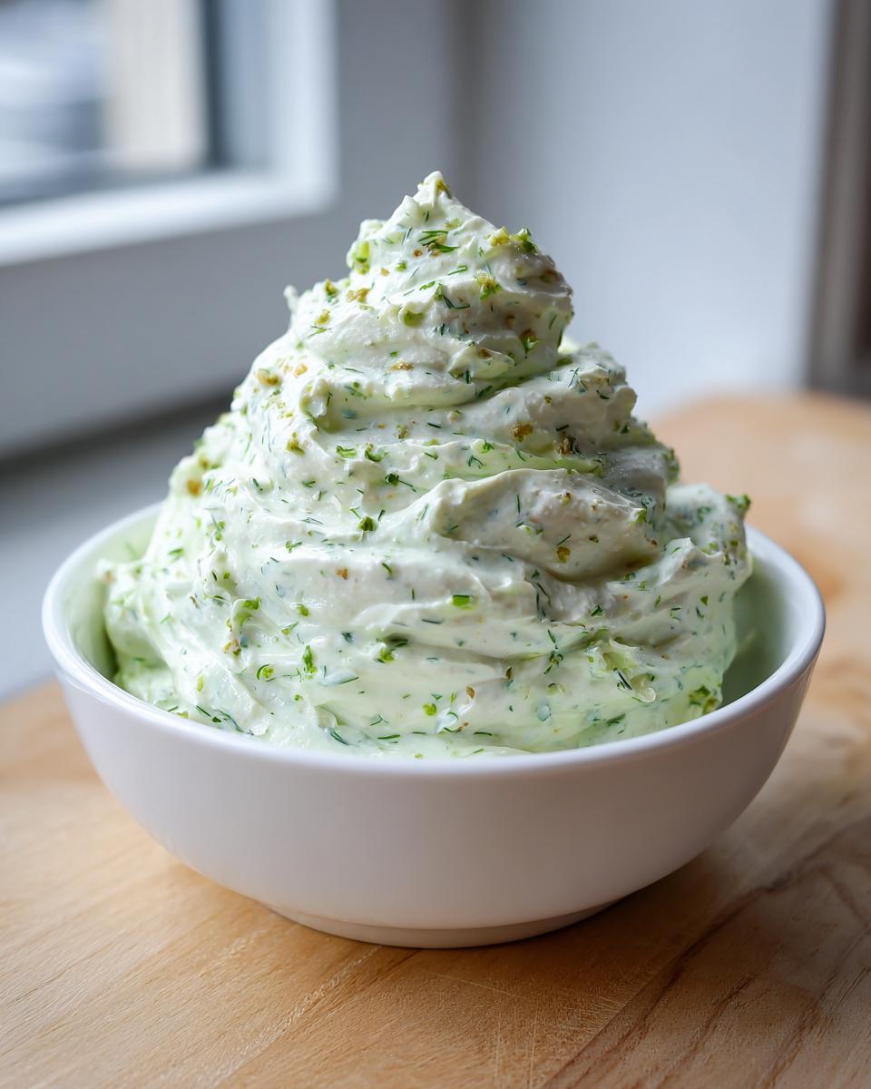 A tall swirl of creamy, light green dill dip mixed with fresh herbs, served in a white bowl.