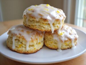 Three fluffy lemon scones stacked on a white plate, topped with a thick, dripping lemon glaze and zest.