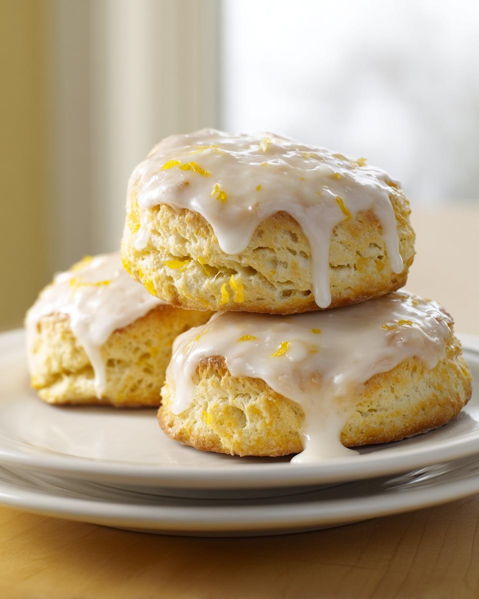 A stack of three fluffy lemon scones topped with white glaze and lemon zest.
