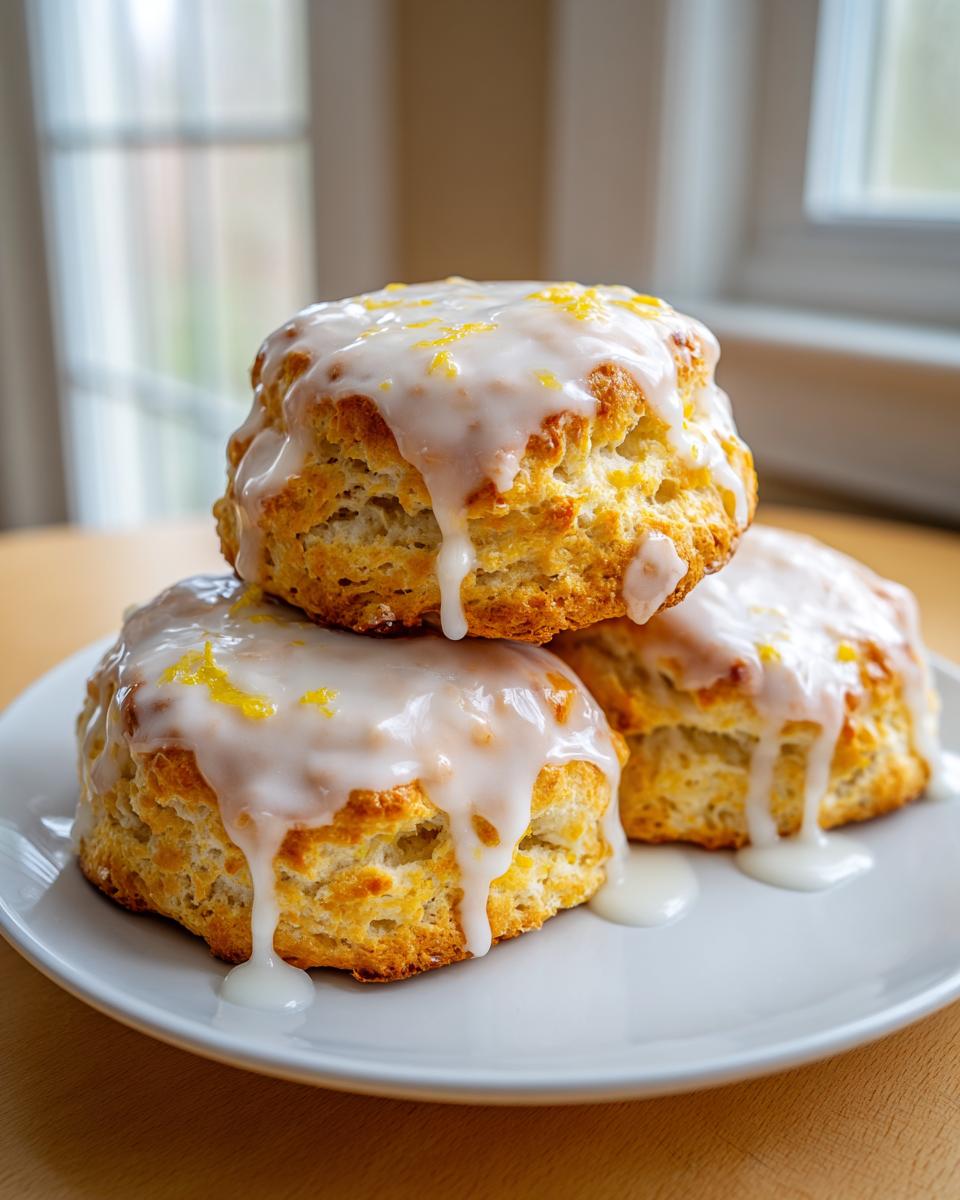 A stack of three fluffy lemon scones topped with thick white glaze and bright yellow lemon zest.