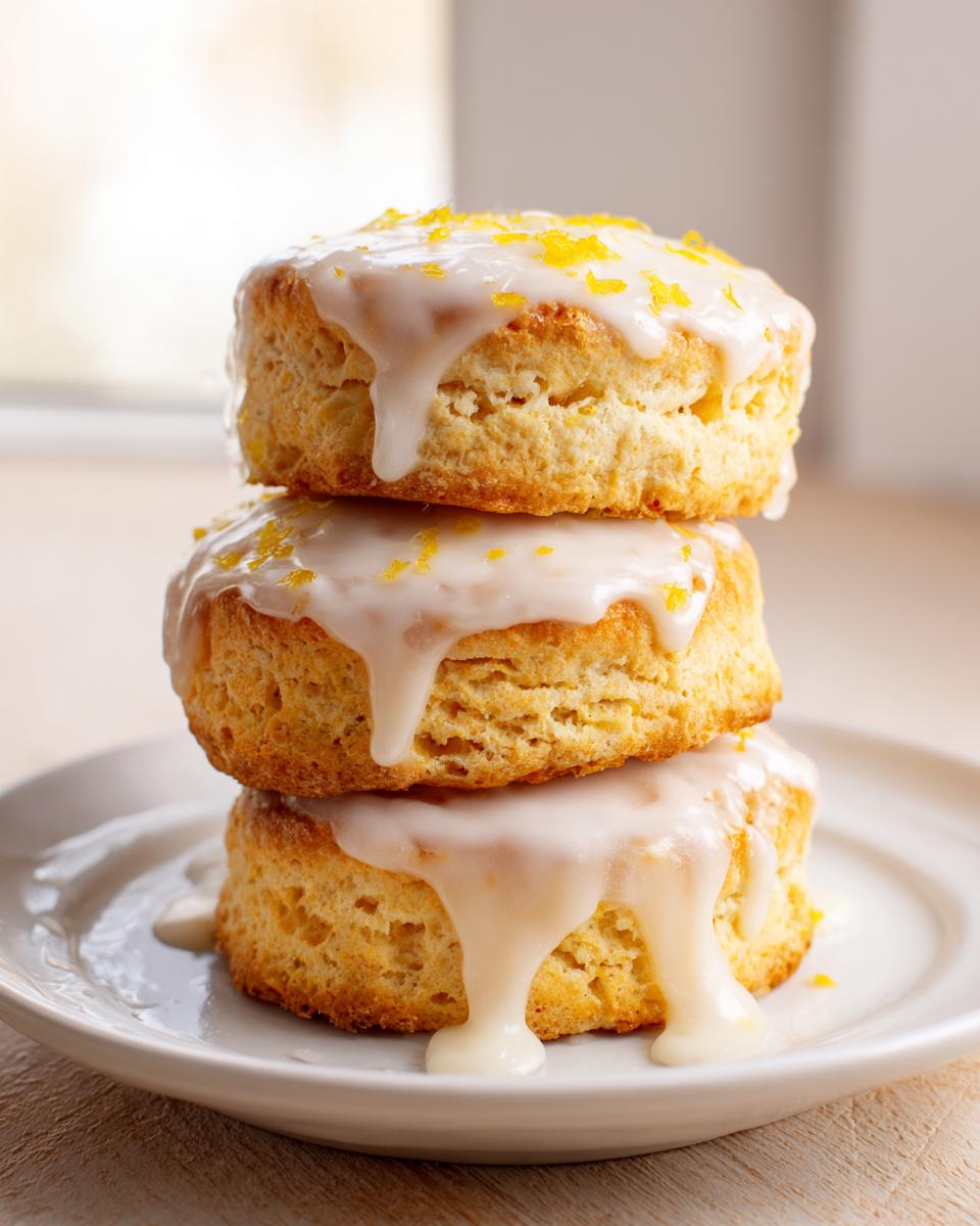 Three fluffy lemon scones stacked on a white plate, drizzled with thick white glaze and topped with lemon zest.