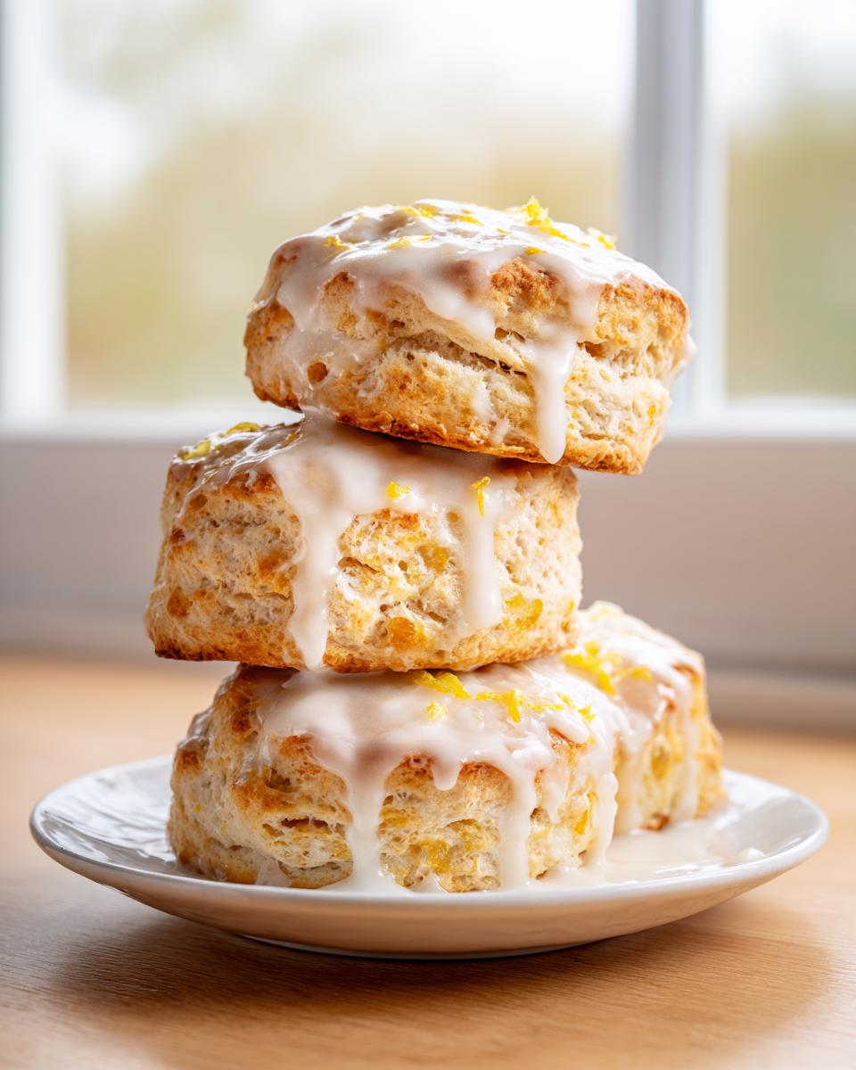 Three fluffy lemon scones stacked on a white plate, drizzled with white glaze and topped with bright lemon zest.
