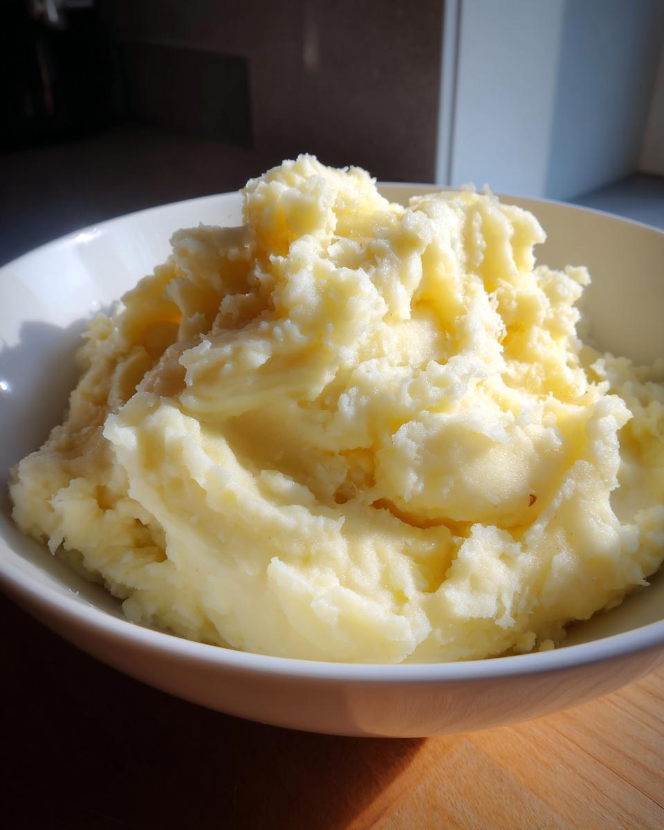 Close-up of a white bowl piled high with fluffy, creamy mashed potatoes, highlighted by natural light.