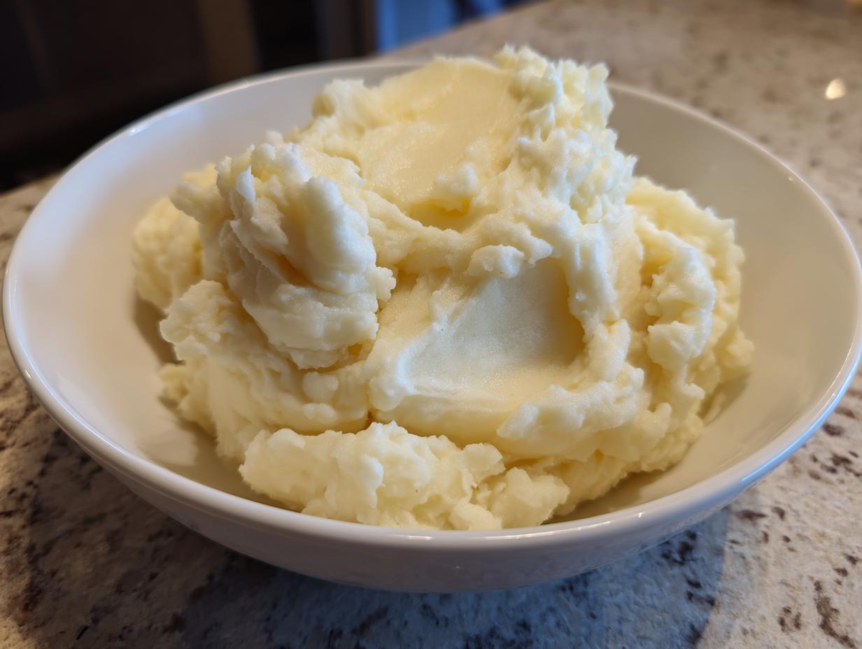 A close-up of incredibly fluffy mashed potatoes served in a white bowl on a granite countertop.