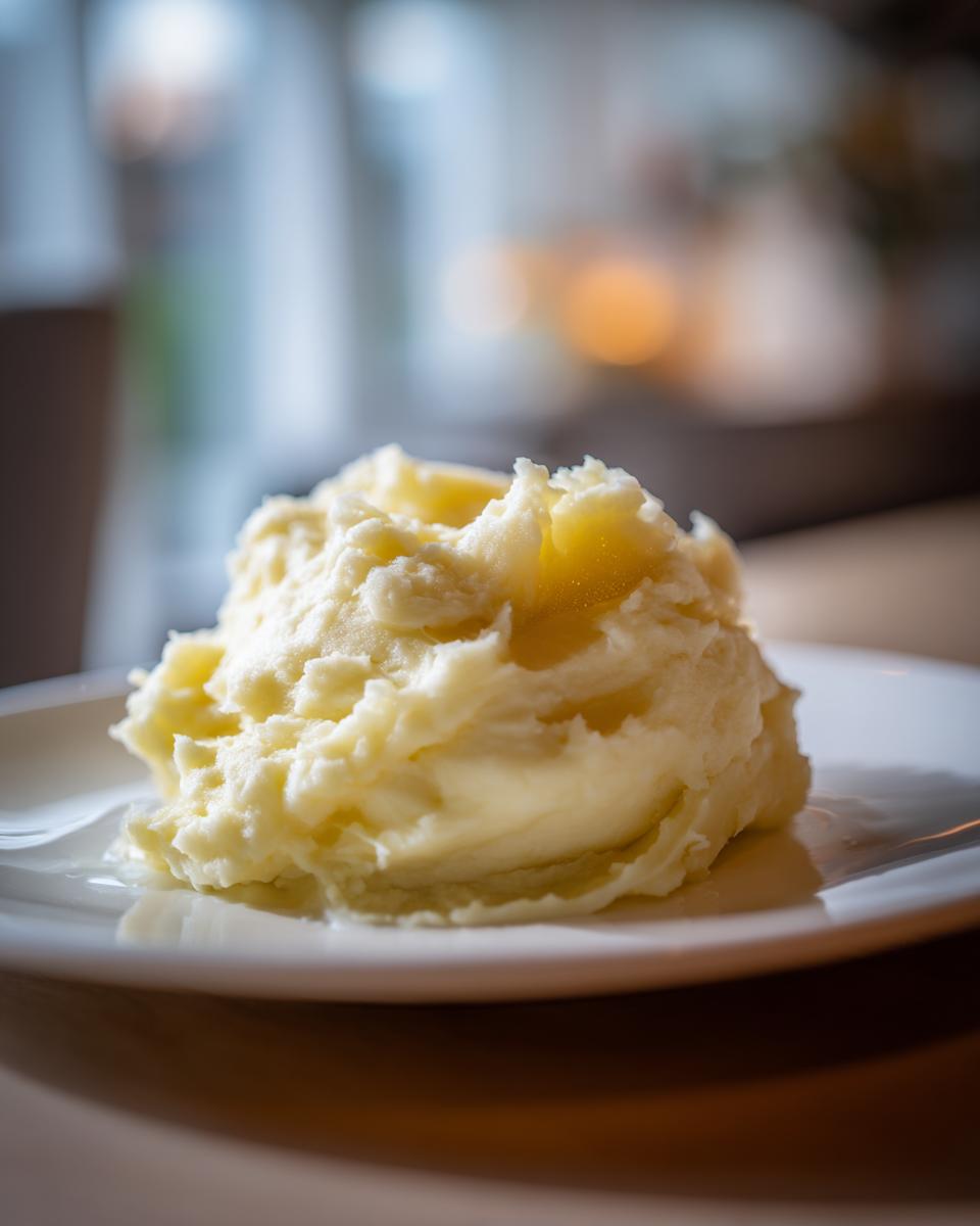 A close-up, appetizing scoop of fluffy mashed potatoes served on a white plate.