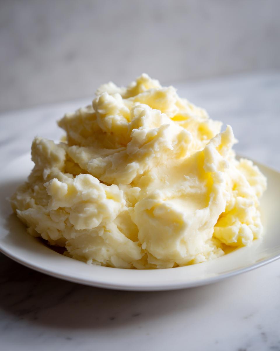 A generous serving of incredibly fluffy mashed potatoes piled high on a white plate.
