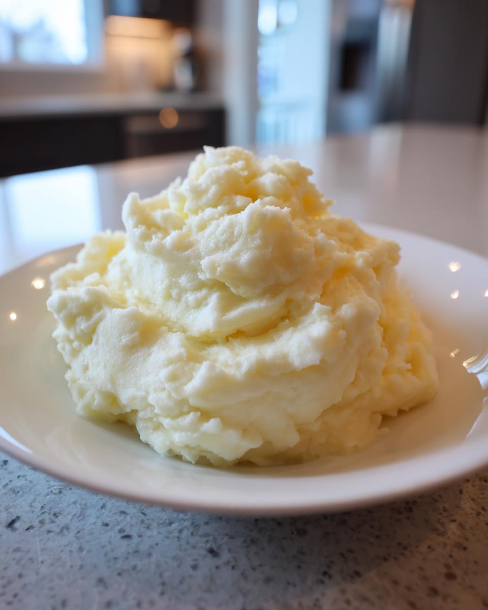 A generous serving of fluffy, creamy mashed potatoes piled high on a white plate.