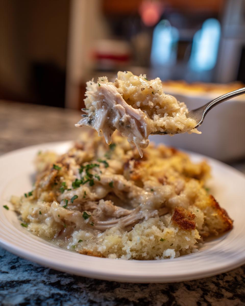 A fork lifts a bite of creamy shredded chicken and stuffing from a serving of crock pot chicken and stuffing.