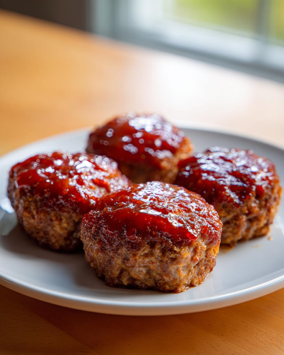 Four perfectly formed mini meatloaf portions topped with a shiny, thick red glaze, served on a white plate.