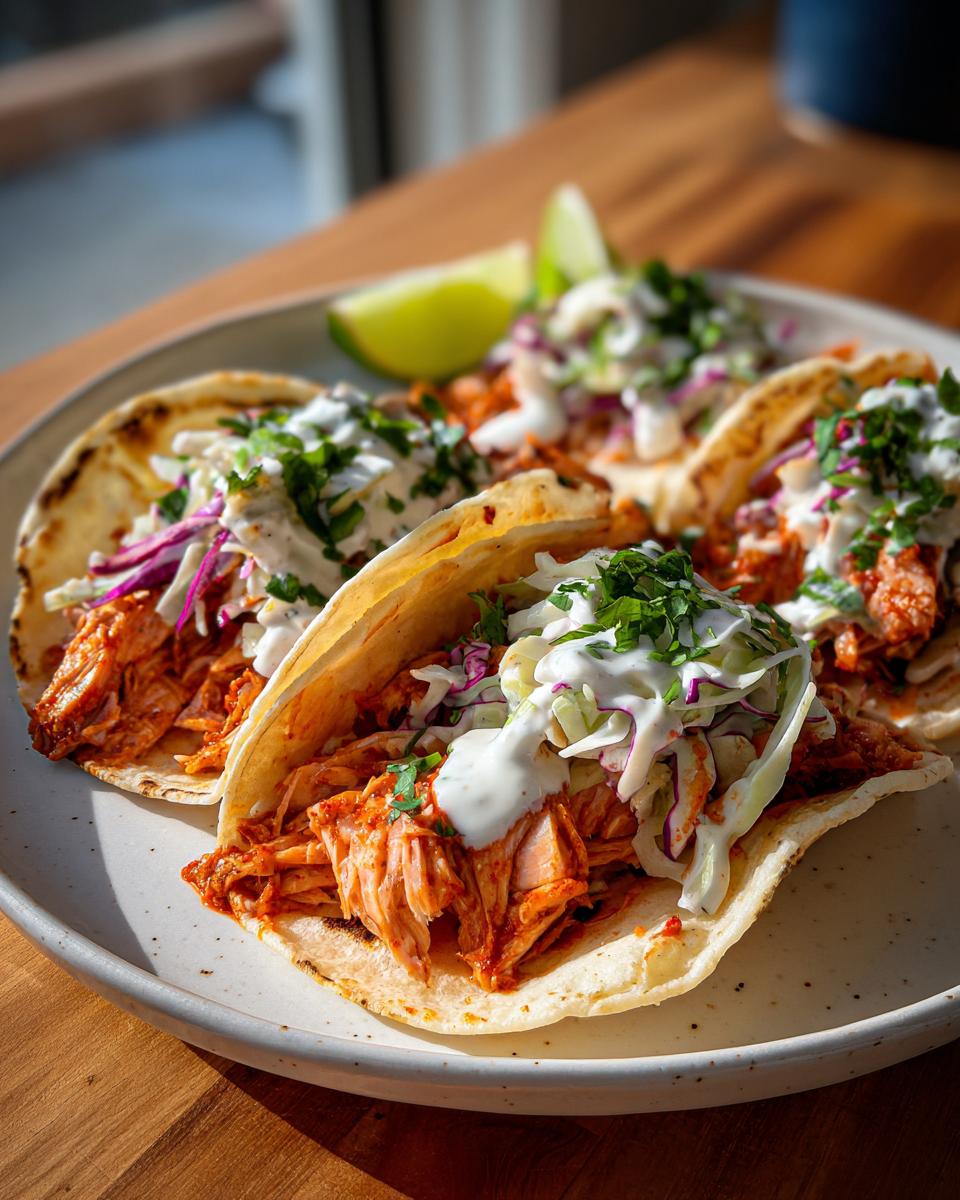 Close-up of four soft tortilla salmon tacos filled with shredded salmon, purple cabbage slaw, and drizzled with white sauce.