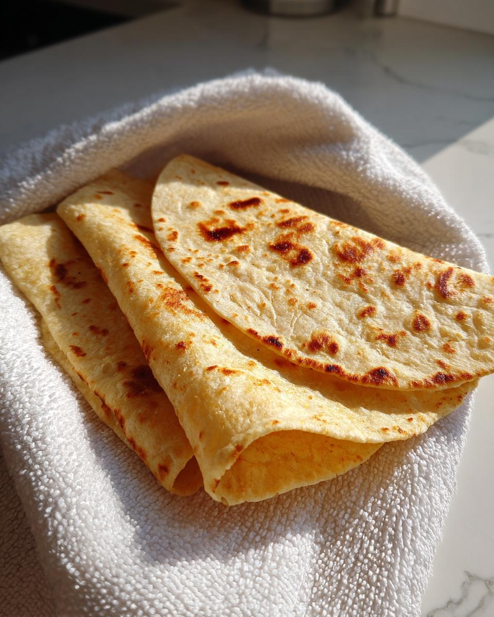 A stack of warm, freshly cooked corn tortillas with light brown spots, wrapped in a white towel.