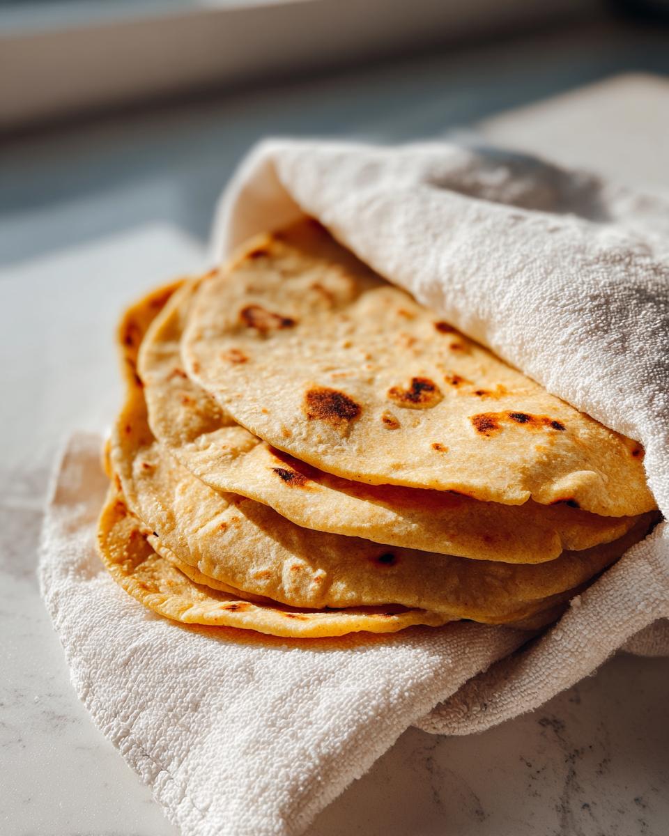A stack of warm, freshly cooked corn tortillas wrapped partially in a white cloth.