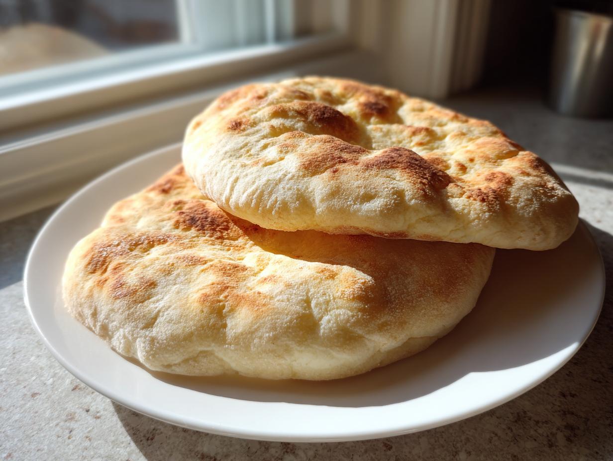Two golden-brown, freshly baked pita bread rounds stacked on a white plate, illuminated by sunlight.