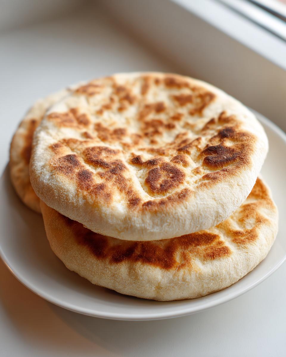 Two freshly baked, round pita bread rounds stacked on a white plate, showing golden-brown charred spots.