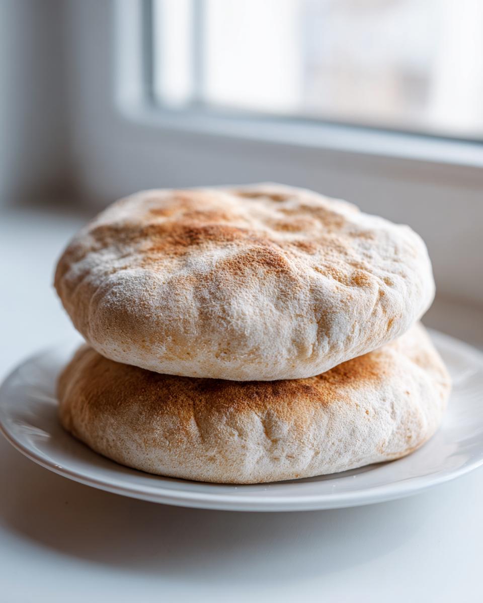 Two fluffy, round pieces of homemade pita bread stacked on a small white plate near a bright window.
