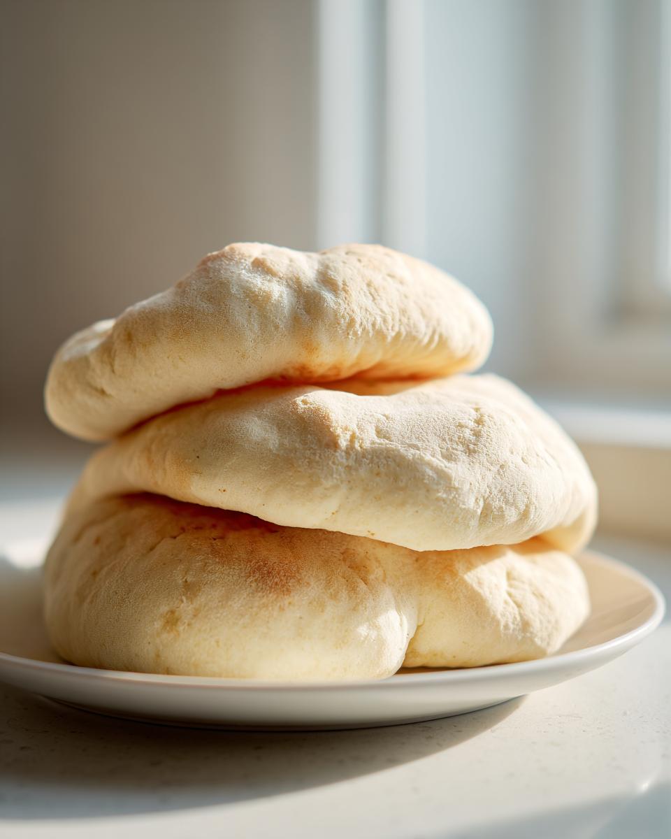 A stack of three freshly baked, slightly puffed pita bread rounds resting on a white plate near a window.