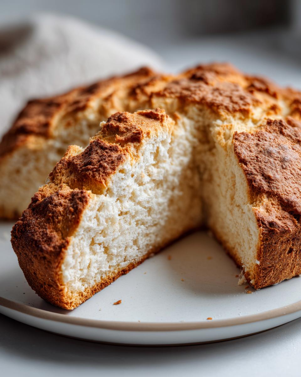 Close-up of a freshly baked soda bread, cut open to show the soft white interior and golden brown crust.