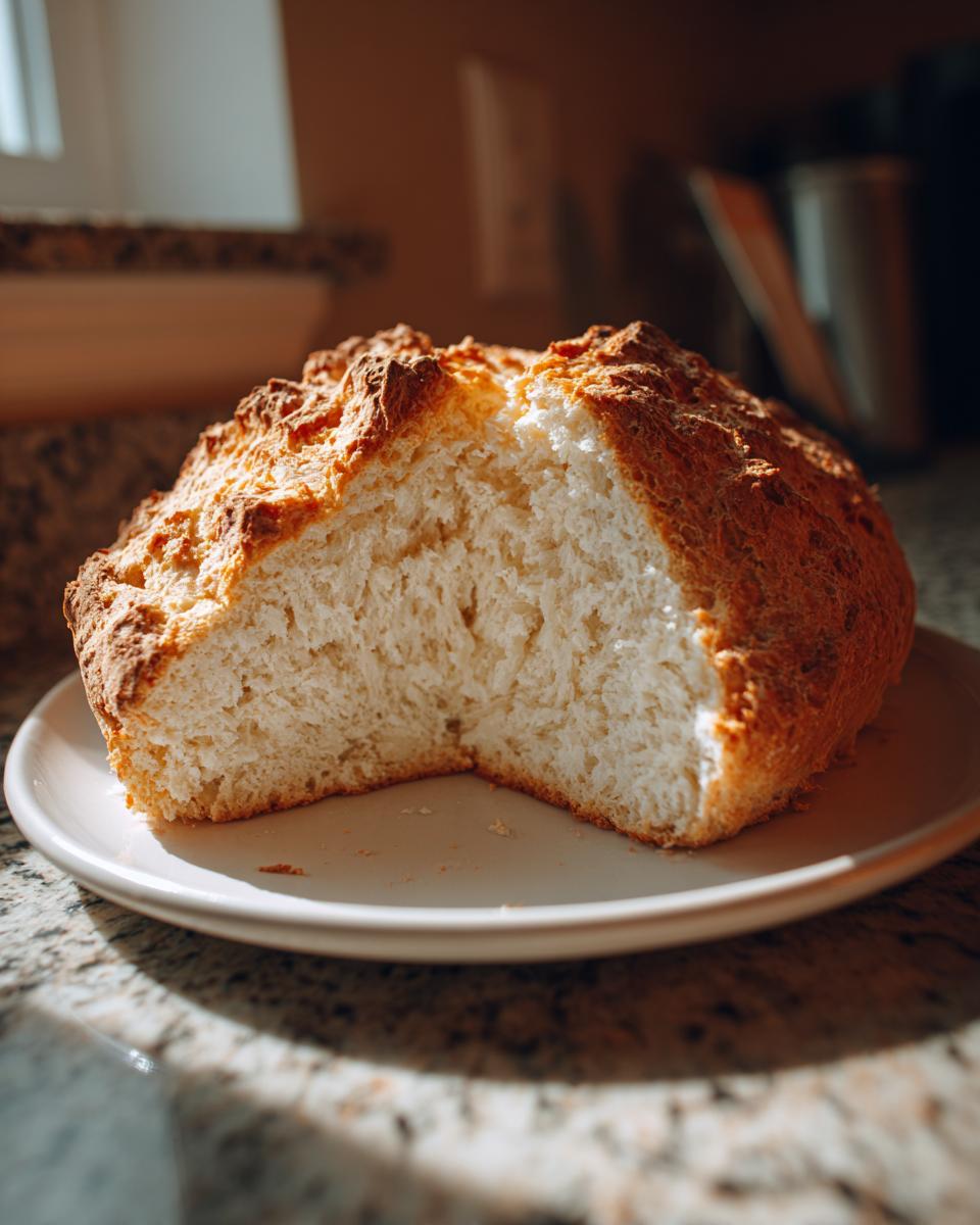 A round loaf of homemade soda bread, cut to show the soft white interior crumb, resting on a plate.